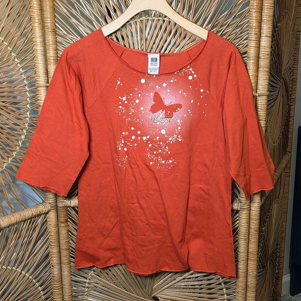 Faded Glory Girls XL Jr XS 3/4 Sleeve Wide Neck Top Orange Butterfly Spraypaint